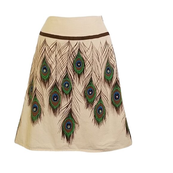Bamboo Traders Women's Skirt Size 4P Beaded Peacock Feathers Cotton Lined A line - Picture 4 of 12